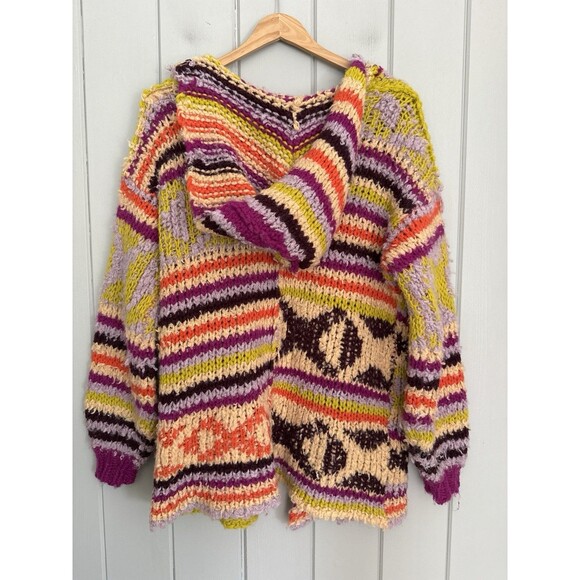 Free People Peggy Cardigan S/M Multicolor Fair Isle Open Front Hooded FLAW - Picture 7 of 9